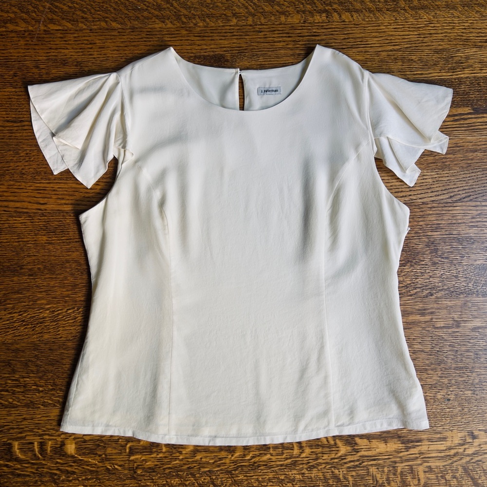 Elegant J Peterman Silk Blouse, Pearl White Silk Top with Flutter Sleeves